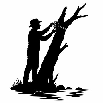 Silhouette vector illustration of a researcher or hunter wearing a hat while attaching a motion-activated trail camera to a tree trunk near a riverbank or wetland area.