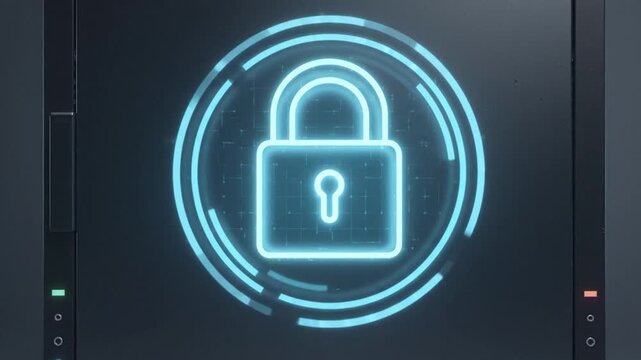 Digital padlock icon glowing on a server rack for cybersecurity