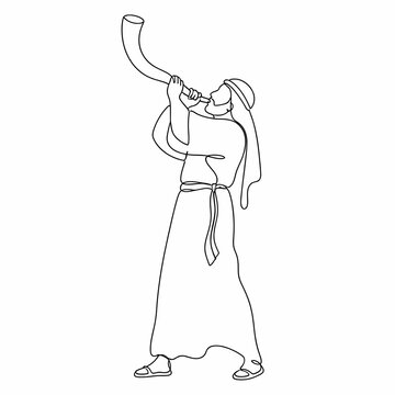 Minimalist continuous line drawing of a Jewish man in traditional biblical attire blowing a shofar ram's horn, black outline vector illustration on white background for religious themes.