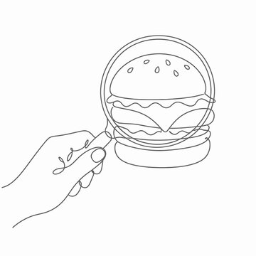 Minimalist single line art illustration of a hand holding a magnifying glass over a hamburger with sesame seeds, depicting food inspection, quality control, or healthy eating analysis.