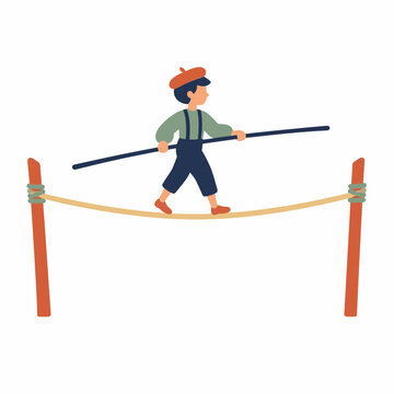 Flat vector illustration of a young male circus performer or tightrope walker in a beret and overalls balancing on a rope with a long pole between two wooden posts on a white background.