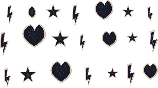 A creative bundle set of black heart star and lightning bolt shapes for modern graphic design projects and decoration.