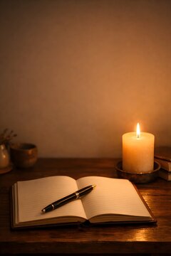 Open journal with pen and candle in warm cozy evening light with peaceful wind down atmosphere and empty wall space for text