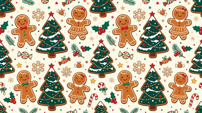 Festive seamless pattern featuring gingerbread cookies and decorated christmas trees for holiday celebration design with holly cream background
