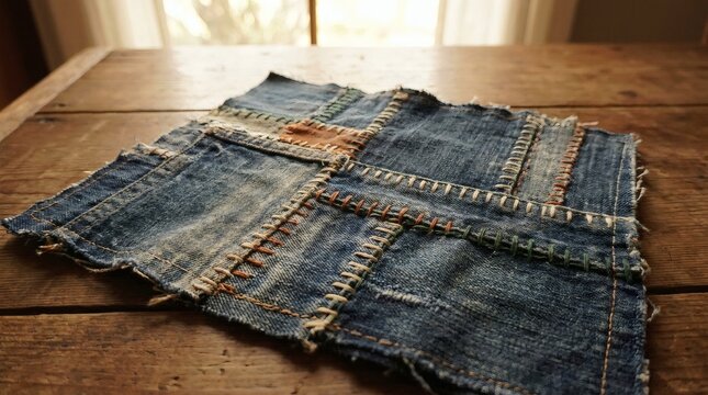 Rustic denim patchwork fabric on wooden table, recycled blue jean textile scraps, handmade upcycled denim craft background for sustainable fashion