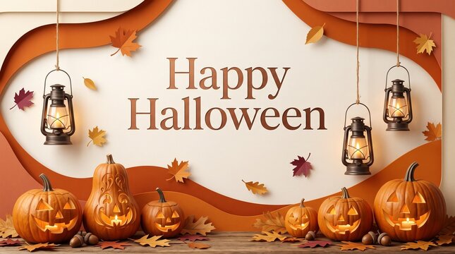Happy Halloween banner with glowing pumpkins, hanging lanterns and autumn leaves in papercut style