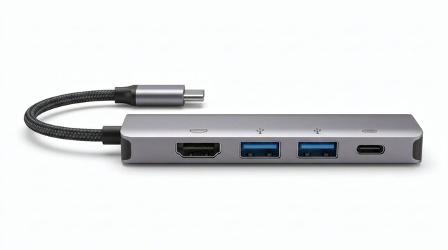 USB-C hub multi-port adapter with HDMI and USB 3.0, space gray aluminum docking station, portable connectivity dongle for laptop on white background