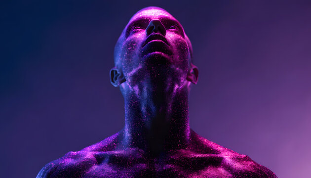 Futuristic bald man covered in neon pink glitter sparkles. Artificial intelligence and virtual identity concept. Male model looking up under colorful studio lights