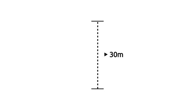 Measuring distance length dotted line animation. A dotted line representing a 30 meter measurement for design and layout purposes. 30 meter dimension dotted line for measurement.