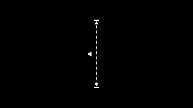 White vertical dotted line measuring height animation, alpha channel.Measuring ruler scale with arrow and dimension markings.