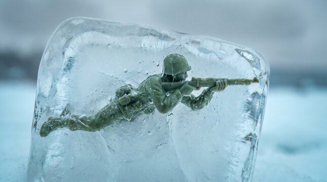 Green plastic toy soldier frozen inside solid clear ice block for cold war concept
