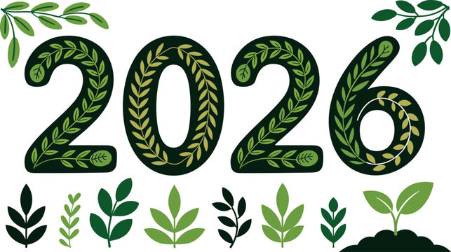 Happy New Year 2026 creative green numbers decorated with organic leaves and plants over a clean white background.