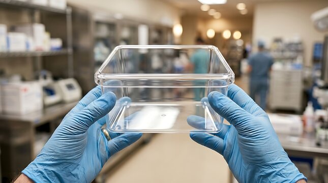 Clear plastic rectangular container held by hands wearing blue latex medical gloves inside busy sterile hospital ward.