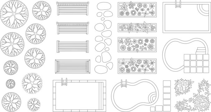 Landscape architecture plan elements set featuring top view trees benches swimming pools and garden flower beds vector illustration
