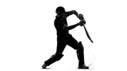 Fototapeta premium A silhouette of a cricket player swinging a bat to hit a ball during a professional match on a plain white background