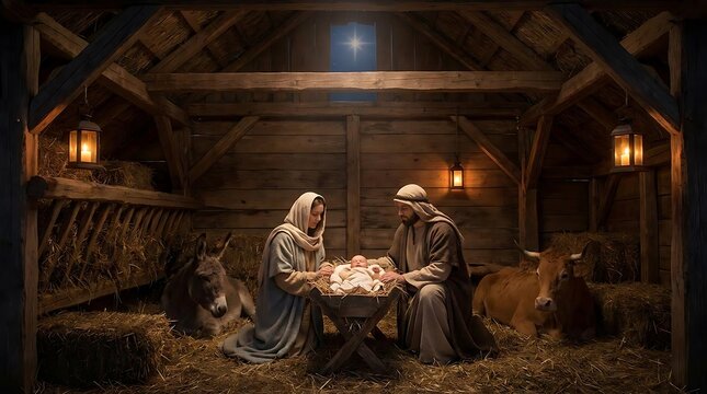 Traditional nativity scene in a stable with holy family.