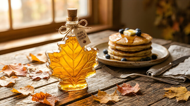 Bottle of pure maple syrup shaped like leaf with pancake stack on rustic wooden surface.