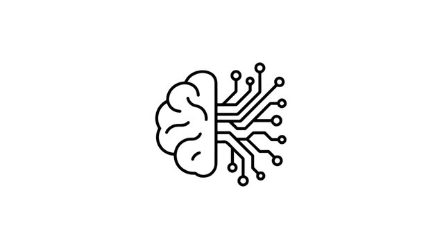 Artificial intelligence brain connected with circuit lines, futuristic AI technology concept, minimalist black and white vector line art, monochrome, isolated on white background