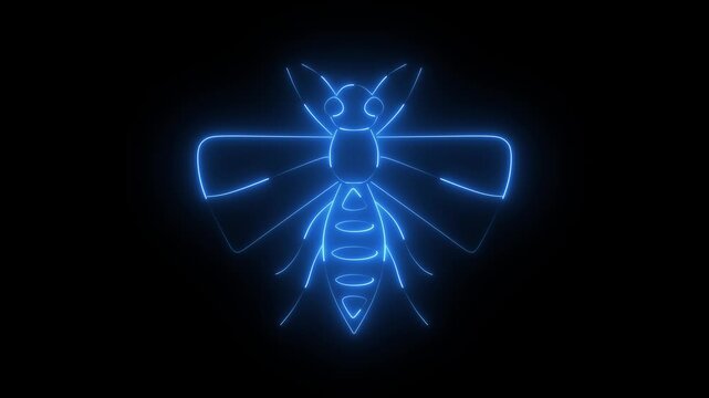 Glowing blue neon bee icon on black background
