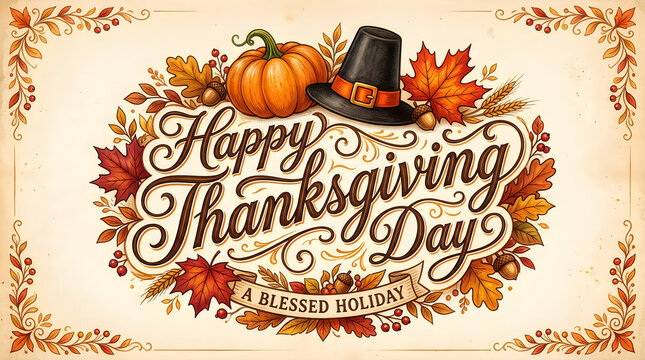 Vintage style thanksgiving day greeting card design with pumpkins pilgrims hat and leaves.