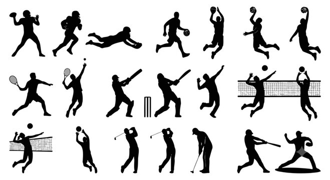 vector silhouettes of people playing Football Cirket, volly ball , bad menten 