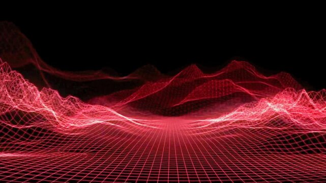 Futuristic virtual reality interface design with a moving red geometric grid landscape.
