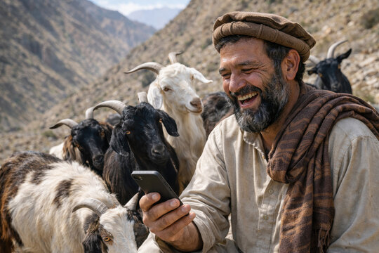 A laughing shepherd using a smartphone among a herd of goats in the mountains