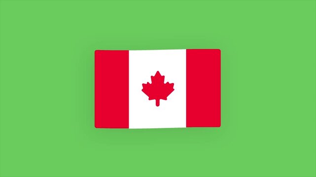 Animated cartoon formation and gentle waving loop of the Canada national flag with red maple leaf on a green screen chroma key background