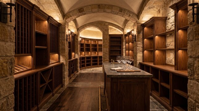 Warmly lit stone wine cellar featuring vaulted ceilings and custom dark wood cabinetry with a central tasting island. Ideal for luxury real estate listings or interior design blogs.
