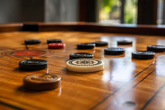 Low perspective view across traditional carrom board