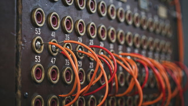 Vintage telephone switchboard with orange patch cables and numbered sockets