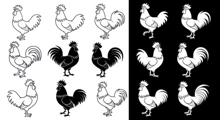 Set of Rooster and Cockerel Vector Illustrations Featuring Multiple Silhouette and Outline Animal Designs for Graphic Art © uzumaki