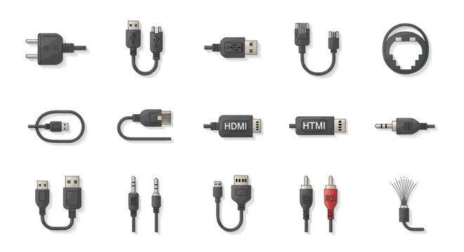 Collection of various electronic connection cables and digital input adapters for modern computer hardware and multimedia device peripheral interface connectivity