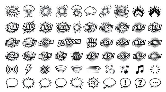 Collection of Comic Book Style Sound Effect Speech Bubbles and Action Icons for Graphic Design Projects