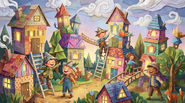 Colorful whimsical village scene with happy children playing among quirky houses
