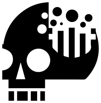 Black filled skull icon with post mortem analysis symbols with illustration graphical necropsy research autopsy diagram medical science with deathly