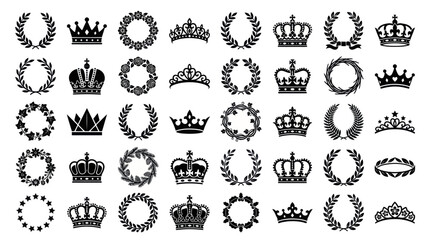 Collection of Royal Crown and Laurel Wreath Icons for Award Victory and Luxury Design Elements © uzumaki