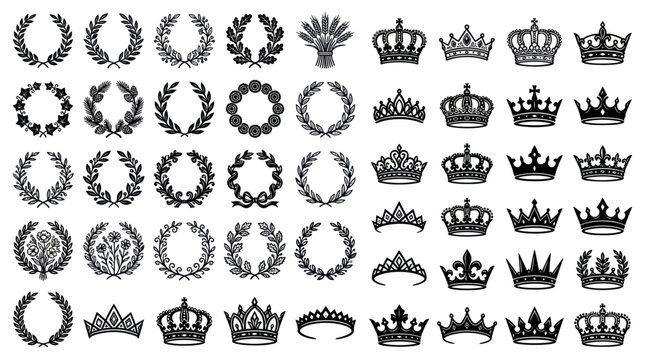 Collection of vintage heraldic laurel wreaths and royal crown icons vector illustration