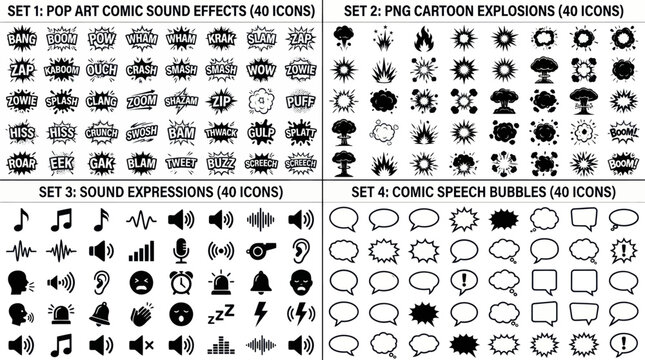 Comprehensive collection of comic pop art sound effects, cartoon explosion bursts, audio icons, and speech bubble chat clouds