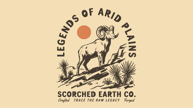 Legends of arid plains. Mountain adventure vintage print design for t shirt. Explore more. Desert ram graphic.. Scorched earth company. Bighorn sheep
