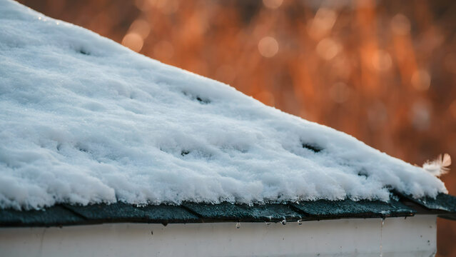 A close up view of a residential roof covered with a layer of fresh white snow