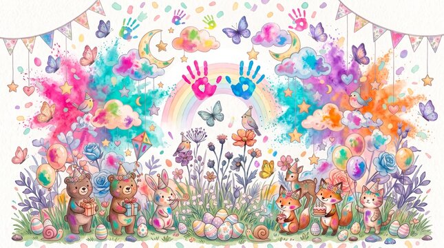 Colorful whimsical watercolor scene with animals and handprints for celebration backdrop
