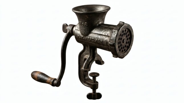 Vintage cast iron meat grinder with hand crank, antique manual food mincer, rustic metal kitchen tool isolated on white background
