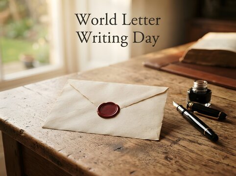 World letter writing day celebration with vintage envelope and fountain pen on wooden desk