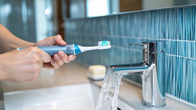 Close-up of hands rinsing a blue electric toothbrush under a running chrome faucet in a modern bathroom with blue tiles
