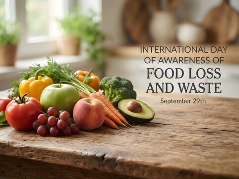 International day of awareness of food loss and waste with fresh vegetables and fruits