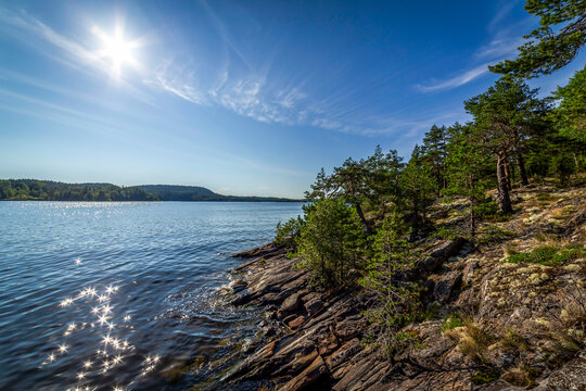 Beautiful summer day at Lake Ladoga coast with sunbeams reflecting on the water surface and green trees on the cliffs