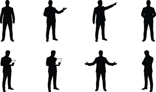 Business Silhouette Icons Depicting Professional Body Language and Corporate Presentation Gestures