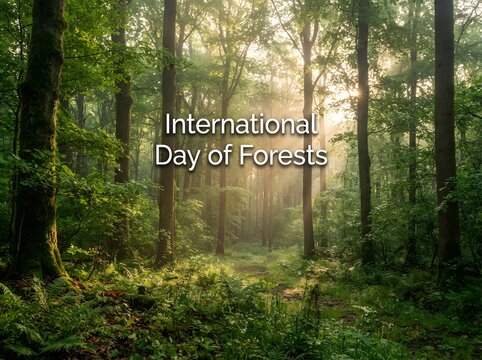 International day of forests text overlay on a beautiful misty green woodland morning