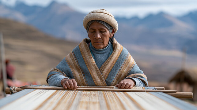 A Peruvian textile weaver works a backstrap loom outside a high-altitude village market, vibrant mountain scenery under afternoon cloud, indigenous craftsmanship, Andean cultural
